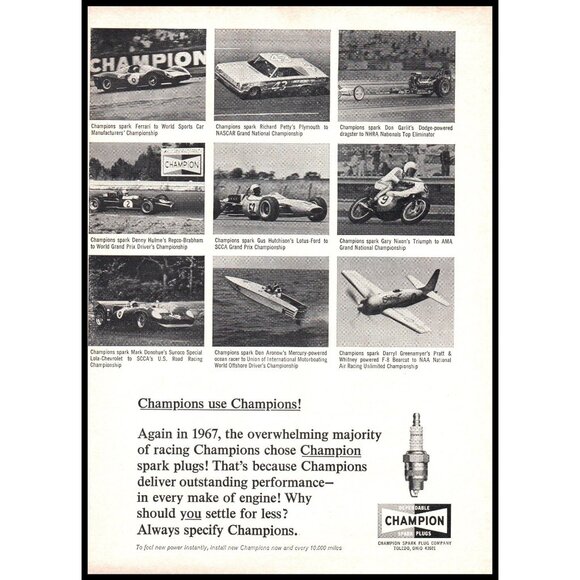 1968 Champion Spark Plugs Vintage Print Ad Richard Petty Denny Hulme Wall Art - Picture 1 of 1